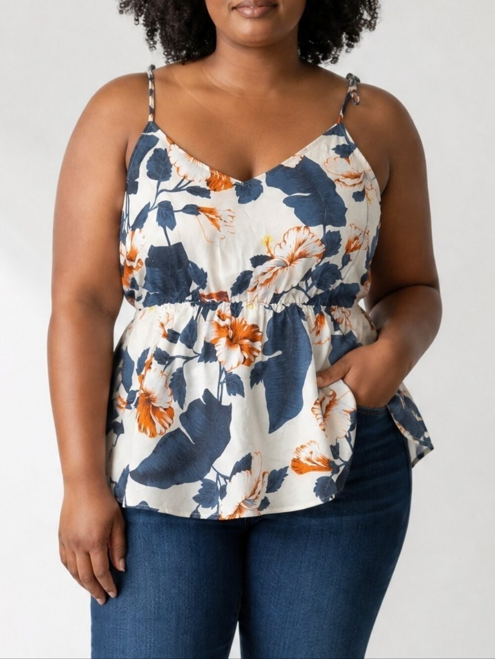 SHEIN White Floral Tank Top with Blue Leaves and Orange Blooms